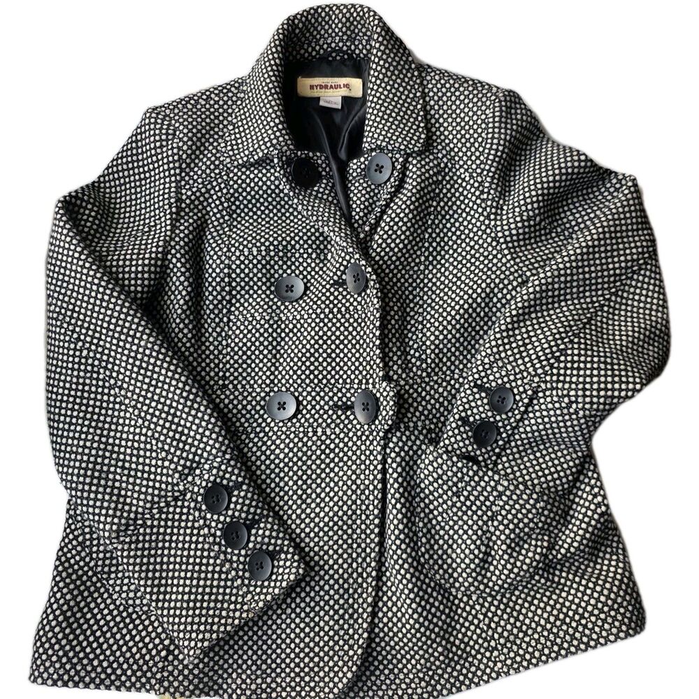 Hydraulic Wool Jacket Retro Black White Vintage 60s Style Mod Peacoat Womens L
